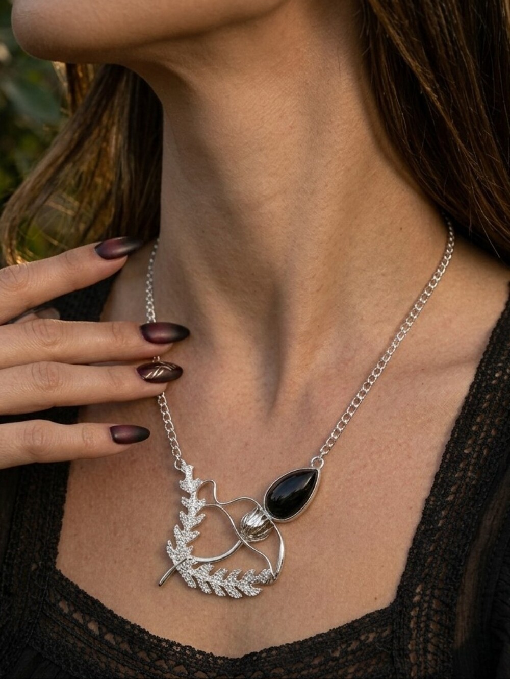 925 Sterling Silver Black Rutile Fern Botanical Necklace Whimsigoth Dark Gothic
